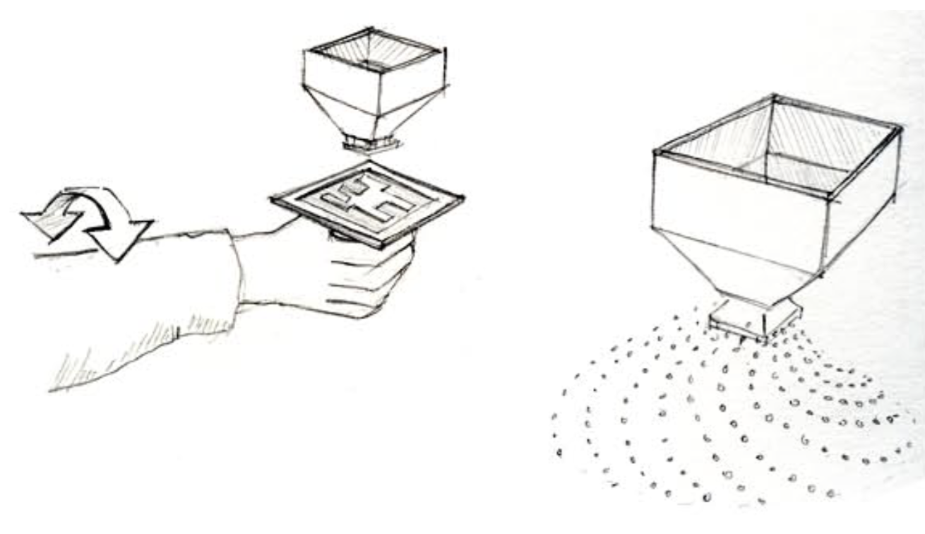 Early concept art showing the augmented reality dispenser controlled by the hand-held marker tile.